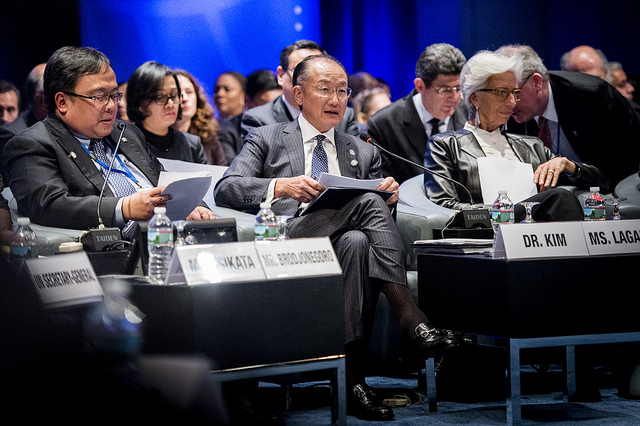 April 16, 2016 - WASHINGTON DC., 2016 World Bank / IMF Spring Meetings. Development Committee. United Nations Secretary-General Ban Ki-moon; World Bank Vice President and Corporate Secretary Yvonne Tsikata; Minster of Finance of Indonesia and Chairman of the Development Committee Bambang Brodjonegoro; World Bank Group President Jim Yong Kim; Managing Director of the International Monetary Fund Christine Lagarde. Photo: Grant Ellis / Word Bank (CC BY-NC-ND 2.0)