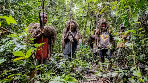 A group of Indigenous Mbuti net hunters in the Okapi Wildlife Reserve © FAO/Thomas Nicolon