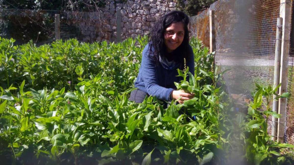 Palestinian agriculturalist, Vivien Sansour, in her garden. Credit: Ayed Arafah