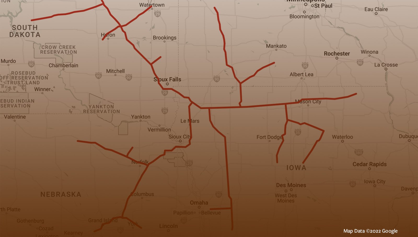 Map tracing pipeline in red overlayed on Midwestern states