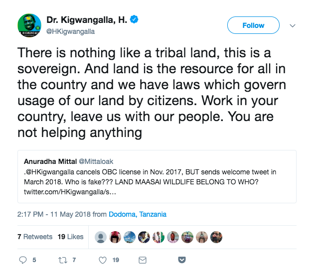 May 11, 2018 tweet by Tanzania's Minister of Natural Resources and Tourism, Hamisi Kigwangalla.